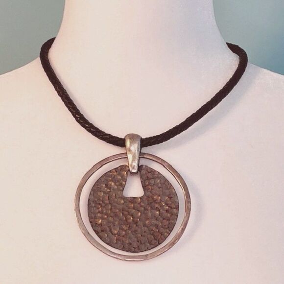 Necklace Large Silver Metal Statement Pendent Braided Black Cord Lobster Closure - Picture 2 of 4